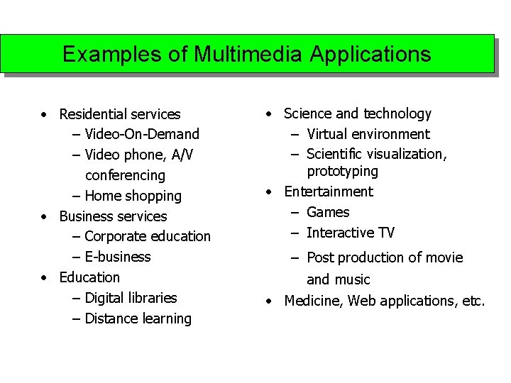 Examples of Multimedia Applications • Residential services – Video-On-Demand – Video phone, A/V conferencing