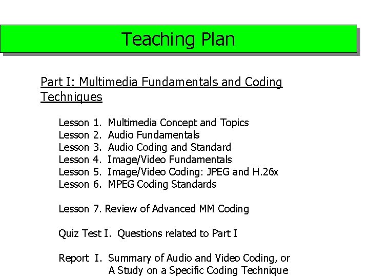 Teaching Plan Part I: Multimedia Fundamentals and Coding Techniques Lesson Lesson 1. 2. 3.