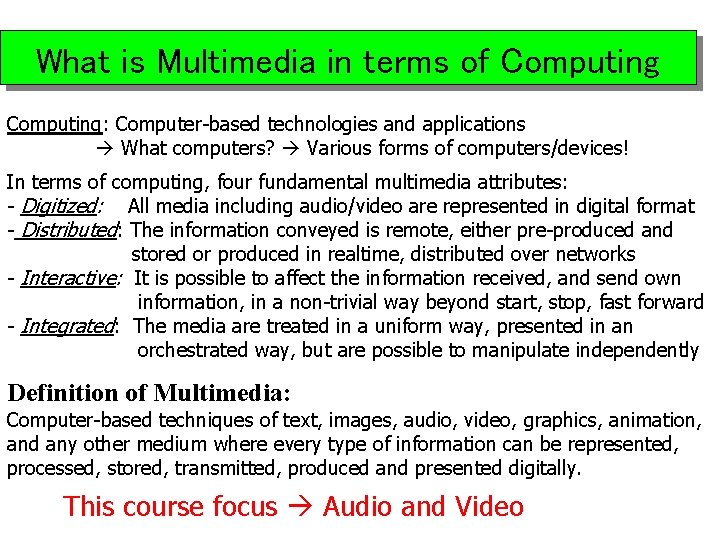 What is Multimedia in terms of Computing: Computer-based technologies and applications What computers? Various
