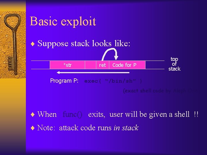 Basic exploit ¨ Suppose stack looks like: *str ret Code for P top of