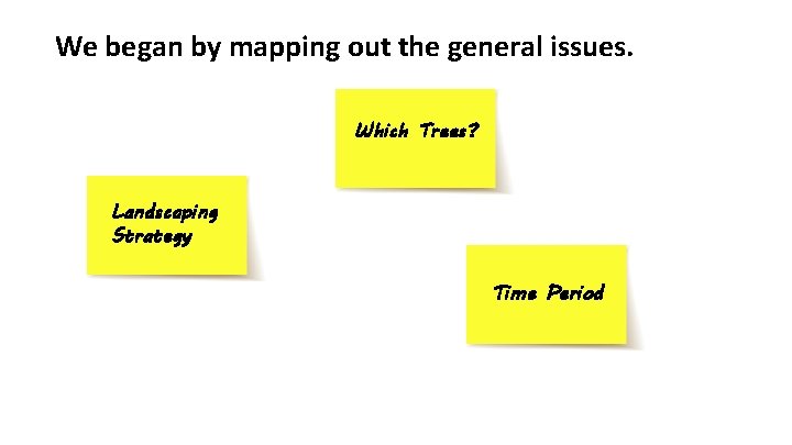 We began by mapping out the general issues. Which Trees? Landscaping Strategy Time Period