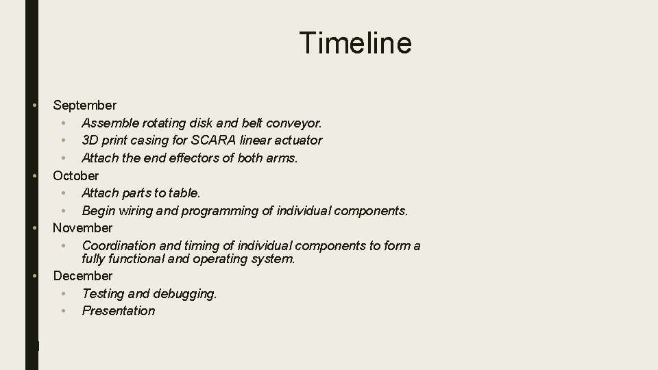 Timeline • • d September • Assemble rotating disk and belt conveyor. • 3