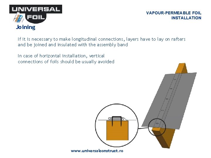 VAPOUR-PERMEABLE FOIL INSTALLATION Joining If it is necessary to make longitudinal connections, layers have VAPOUR-PERMEABLE FOIL INSTALLATION Joining If it is necessary to make longitudinal connections, layers have