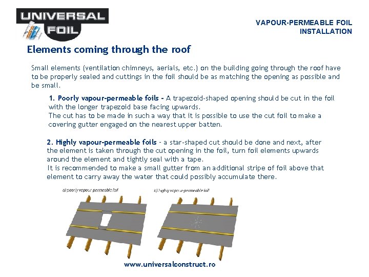 VAPOUR-PERMEABLE FOIL INSTALLATION Elements coming through the roof Small elements (ventilation chimneys, aerials, etc. VAPOUR-PERMEABLE FOIL INSTALLATION Elements coming through the roof Small elements (ventilation chimneys, aerials, etc.