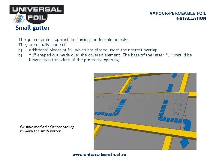 VAPOUR-PERMEABLE FOIL INSTALLATION Small gutter The gutters protect against the flowing condensate or leaks. VAPOUR-PERMEABLE FOIL INSTALLATION Small gutter The gutters protect against the flowing condensate or leaks.