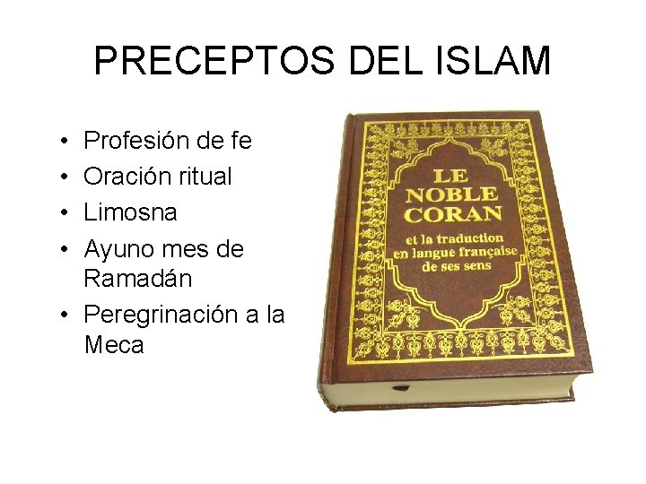 PRECEPTOS DEL ISLAM • • Profesión de fe Oración ritual Limosna Ayuno mes de