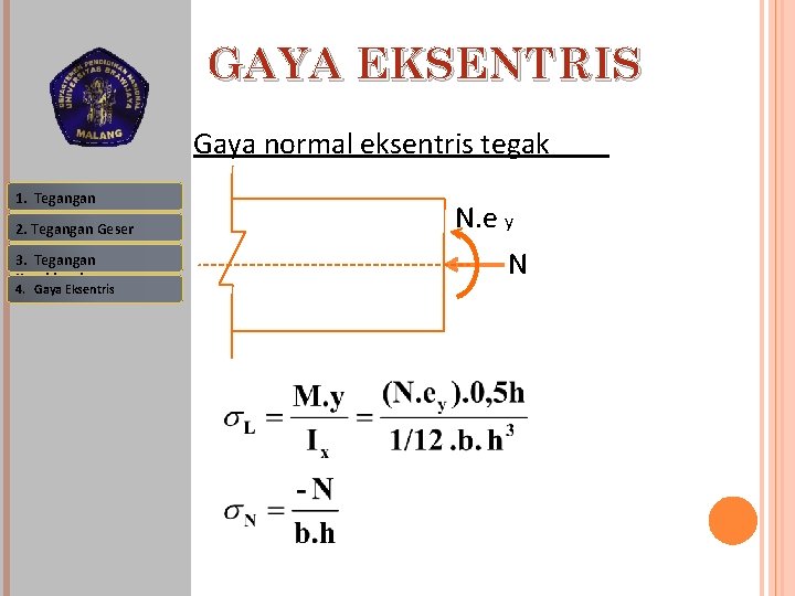 GAYA EKSENTRIS Gaya normal eksentris tegak 1. Tegangan 2. Tegangan Geser 3. Tegangan Kombinasi