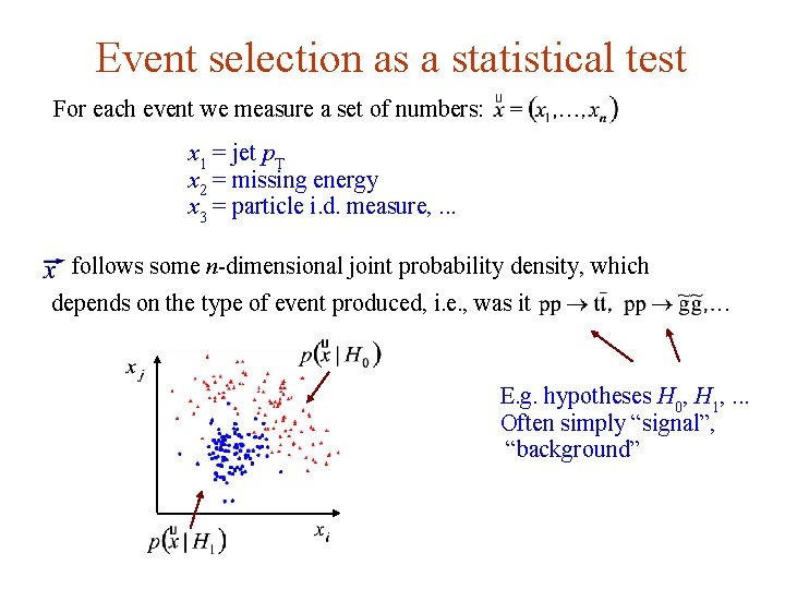 Event selection as a statistical test For each event we measure a set of