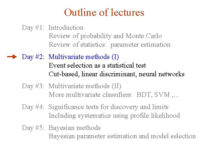Outline of lectures Day #1: Introduction Review of probability and Monte Carlo Review of