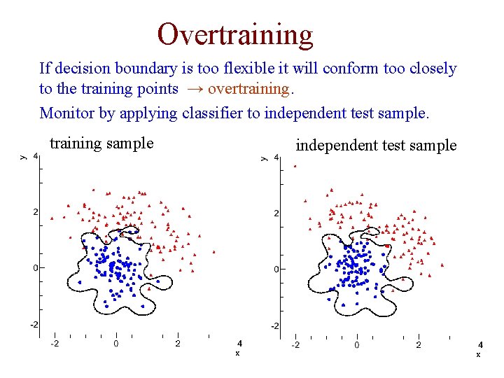 Overtraining If decision boundary is too flexible it will conform too closely to the