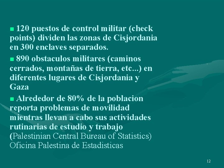 120 puestos de control militar (check points) dividen las zonas de Cisjordania en 300