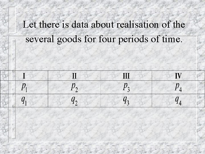 Let there is data about realisation of the several goods for four periods of