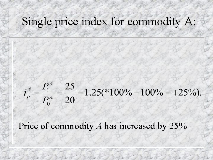 Single price index for commodity A: Price of commodity A has increased by 25%