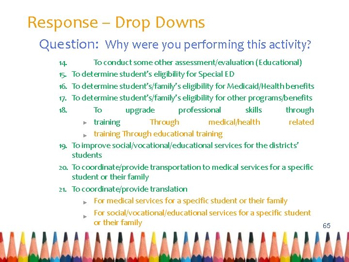 Response – Drop Downs Question: Why were you performing this activity? 14. To conduct