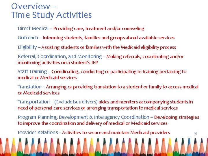 Overview – Time Study Activities Direct Medical – Providing care, treatment and/or counseling Outreach