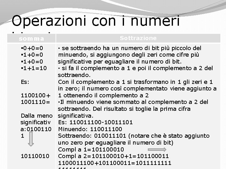 Operazioni con i numeri somma binari Sottrazione § 0+0=0 § 1+0=0 § 1+1=10 •