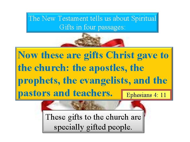 The New Testament tells us about Spiritual Gifts in four passages: Now these are