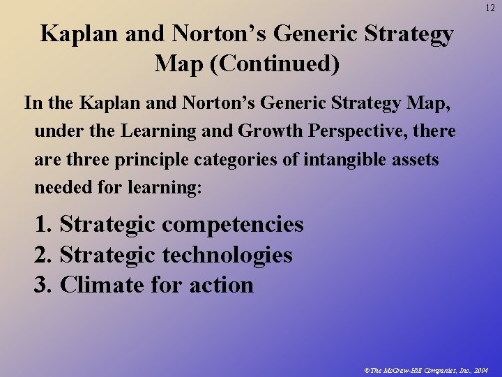 12 Kaplan and Norton’s Generic Strategy Map (Continued) In the Kaplan and Norton’s Generic