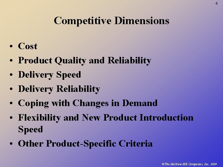 4 Competitive Dimensions • • • Cost Product Quality and Reliability Delivery Speed Delivery