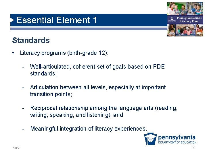 Essential Element 1 Standards • Literacy programs (birth-grade 12): - Well-articulated, coherent set of Essential Element 1 Standards • Literacy programs (birth-grade 12): - Well-articulated, coherent set of
