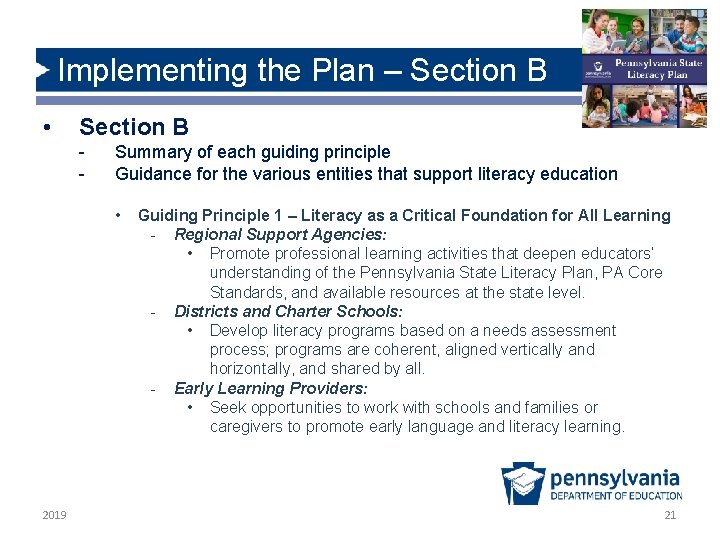 Implementing the Plan – Section B • Section B - Summary of each guiding Implementing the Plan – Section B • Section B - Summary of each guiding