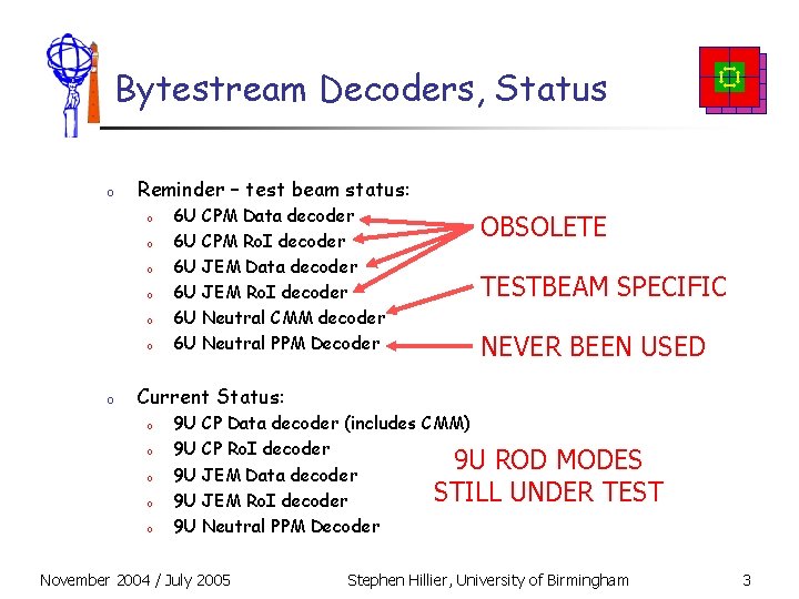 Bytestream Decoders, Status o Reminder – test beam status: o o o o 6