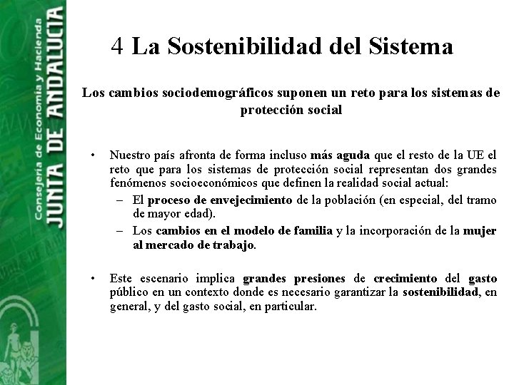 4 La Sostenibilidad del Sistema Los cambios sociodemográficos suponen un reto para los sistemas