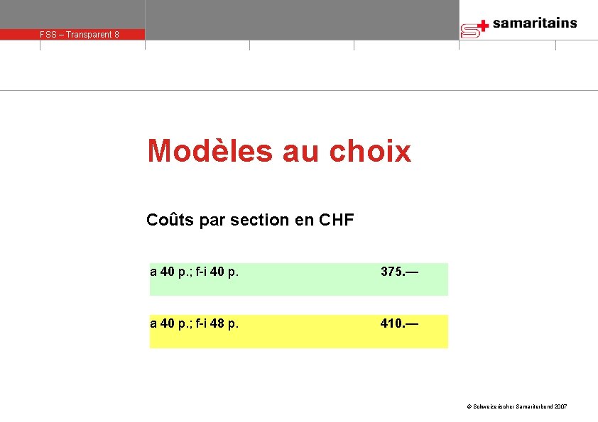 FSS – Transparent 8 olie 8 Modèles au choix Coûts par section en CHF