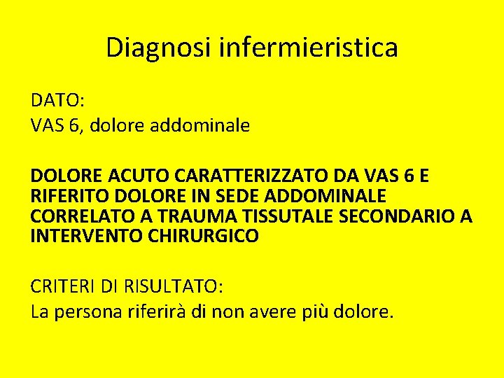 Diagnosi infermieristica DATO: VAS 6, dolore addominale DOLORE ACUTO CARATTERIZZATO DA VAS 6 E