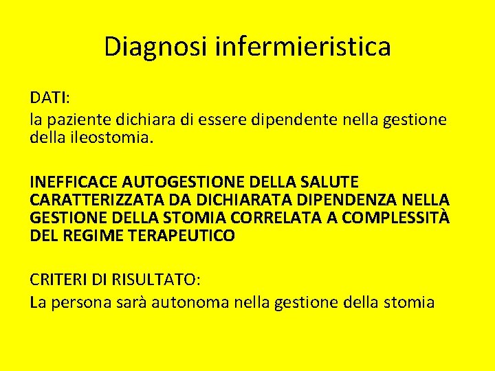 Diagnosi infermieristica DATI: la paziente dichiara di essere dipendente nella gestione della ileostomia. INEFFICACE