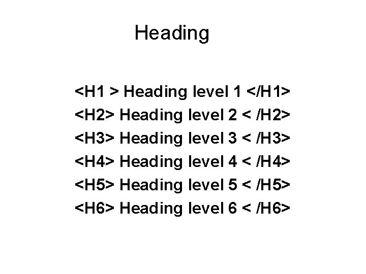 Heading <H 1 > Heading level 1 </H 1> <H 2> Heading level 2 Heading <H 1 > Heading level 1 </H 1> <H 2> Heading level 2