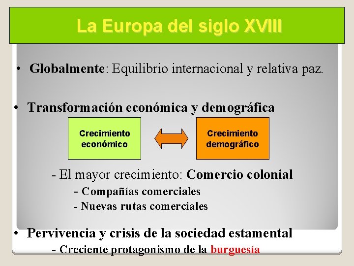 La Europa del siglo XVIII • Globalmente: Equilibrio internacional y relativa paz. • Transformación