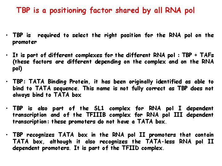 TBP is a positioning factor shared by all RNA pol • TBP is required