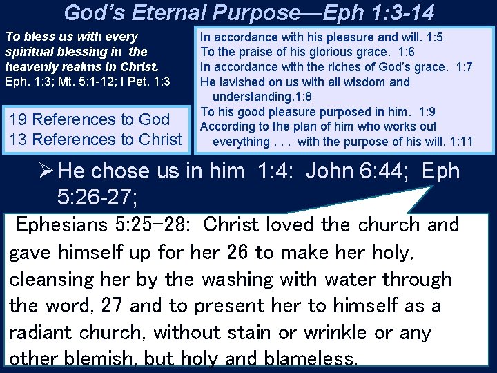 God’s Eternal Purpose—Eph 1: 3 -14 To bless us with every spiritual blessing in