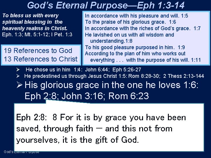 God’s Eternal Purpose—Eph 1: 3 -14 To bless us with every spiritual blessing in