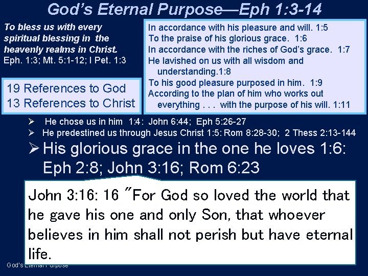 God’s Eternal Purpose—Eph 1: 3 -14 To bless us with every spiritual blessing in