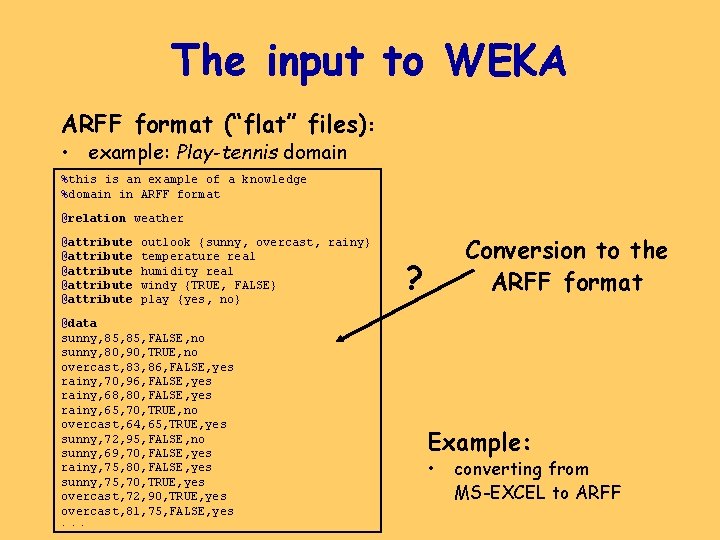 The input to WEKA ARFF format (“flat” files): • example: Play-tennis domain %this is