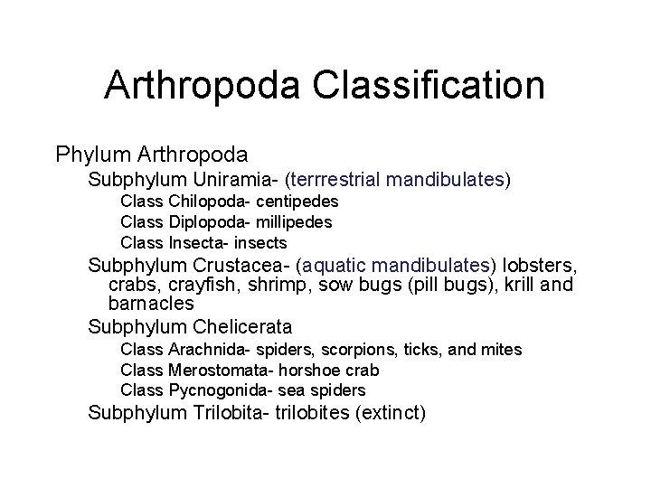 Arthropoda Classification Phylum Arthropoda Subphylum Uniramia- (terrrestrial mandibulates) Class Chilopoda- centipedes Class Diplopoda- millipedes
