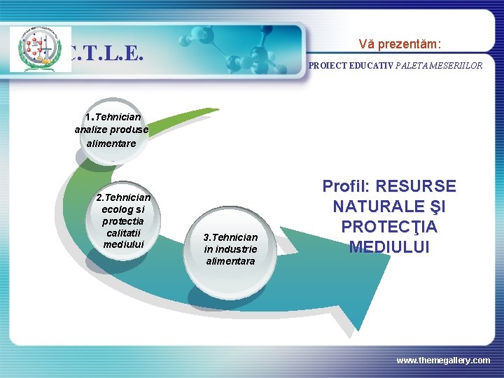 Vă prezentăm: C. T. L. E. PROIECT EDUCATIV PALETA MESERIILOR 1. Tehnician analize produse