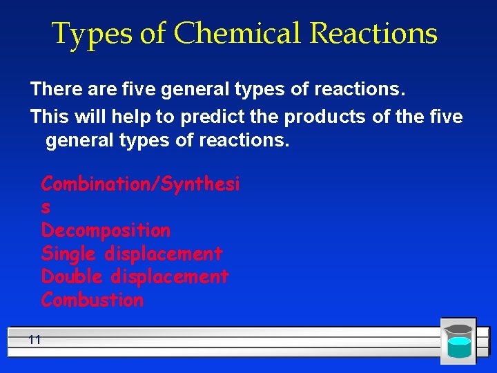 Types of Chemical Reactions There are five general types of reactions. This will help