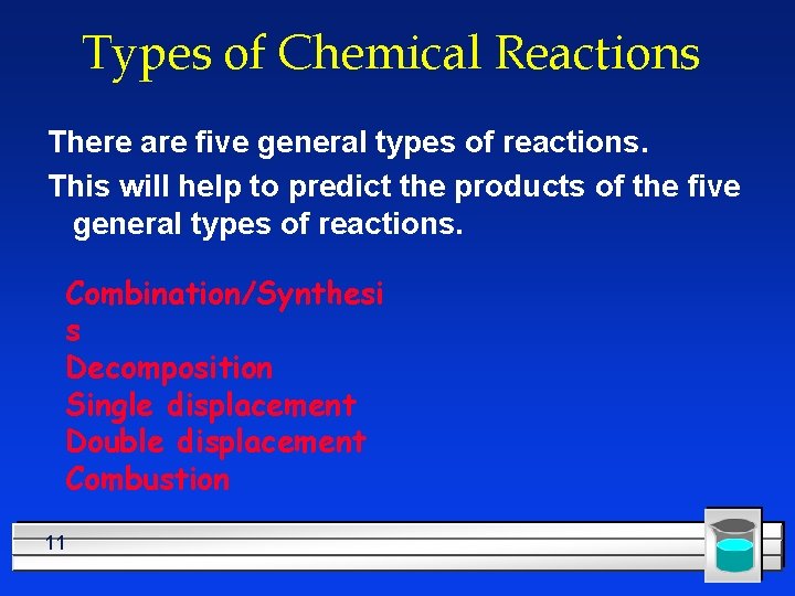 Types of Chemical Reactions There are five general types of reactions. This will help Types of Chemical Reactions There are five general types of reactions. This will help