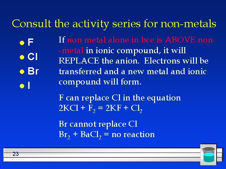 Consult the activity series for non-metals F l Cl l Br l. I l