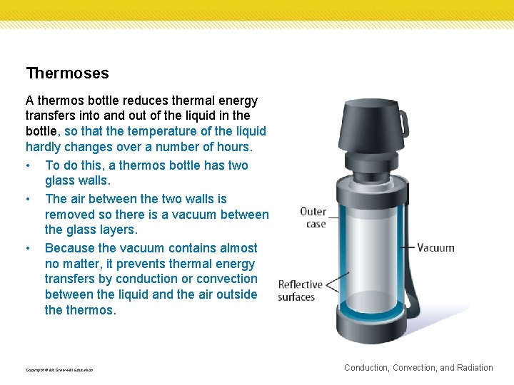 Thermoses A thermos bottle reduces thermal energy transfers into and out of the liquid