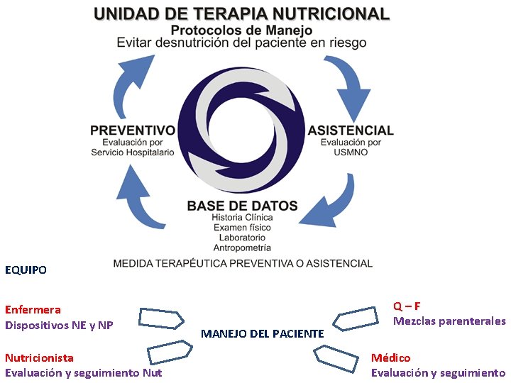 EQUIPO Enfermera Dispositivos NE y NP Nutricionista Evaluación y seguimiento Nut MANEJO DEL PACIENTE