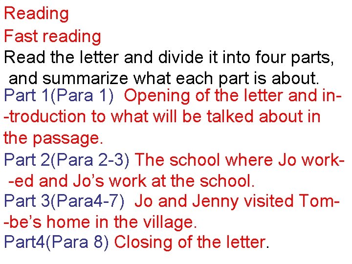 Reading Fast reading Read the letter and divide it into four parts, and summarize