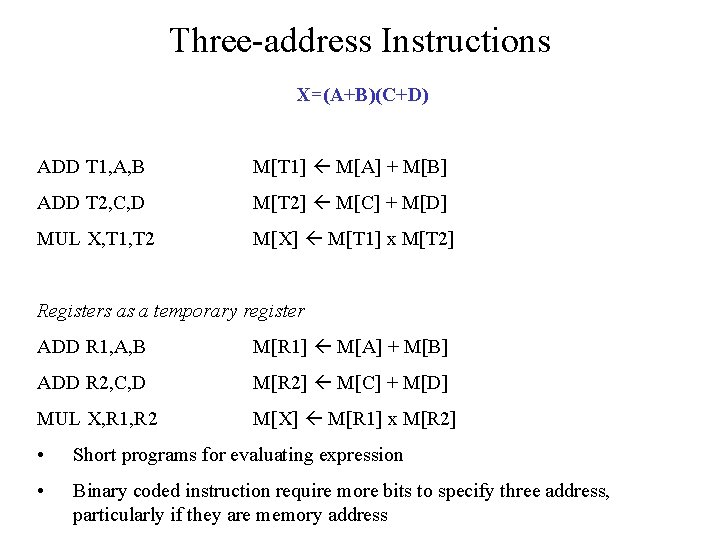 Three-address Instructions X=(A+B)(C+D) ADD T 1, A, B M[T 1] M[A] + M[B] ADD