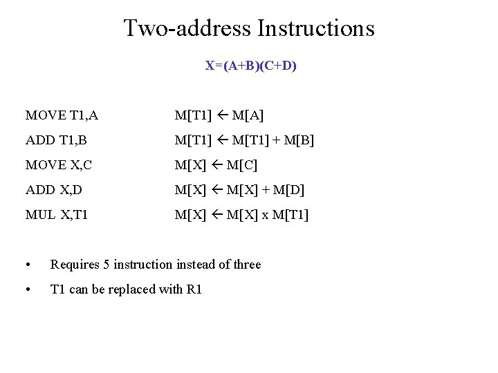 Two-address Instructions X=(A+B)(C+D) MOVE T 1, A M[T 1] M[A] ADD T 1, B