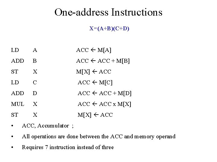 One-address Instructions X=(A+B)(C+D) LD A ACC M[A] ADD B ACC + M[B] ST X