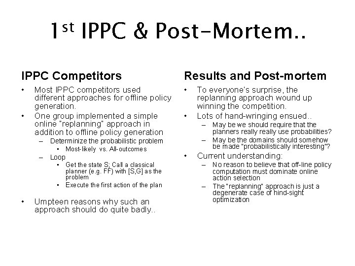 1 st IPPC & Post-Mortem. . IPPC Competitors Results and Post-mortem • • •