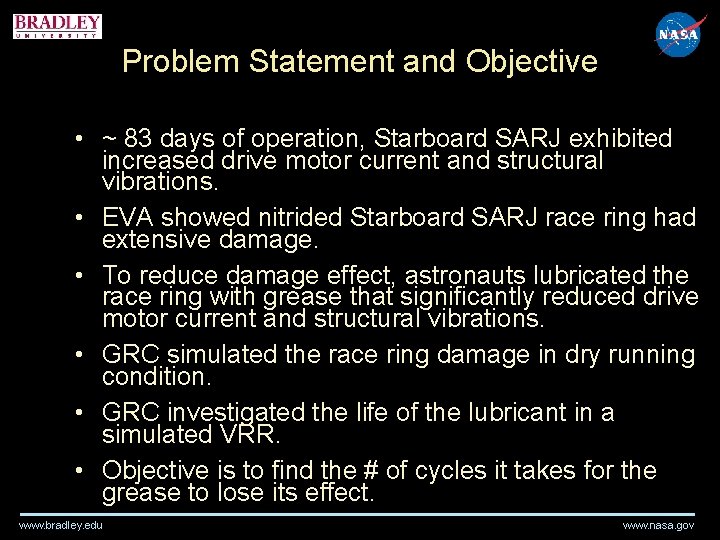 Problem Statement and Objective • ~ 83 days of operation, Starboard SARJ exhibited increased Problem Statement and Objective • ~ 83 days of operation, Starboard SARJ exhibited increased